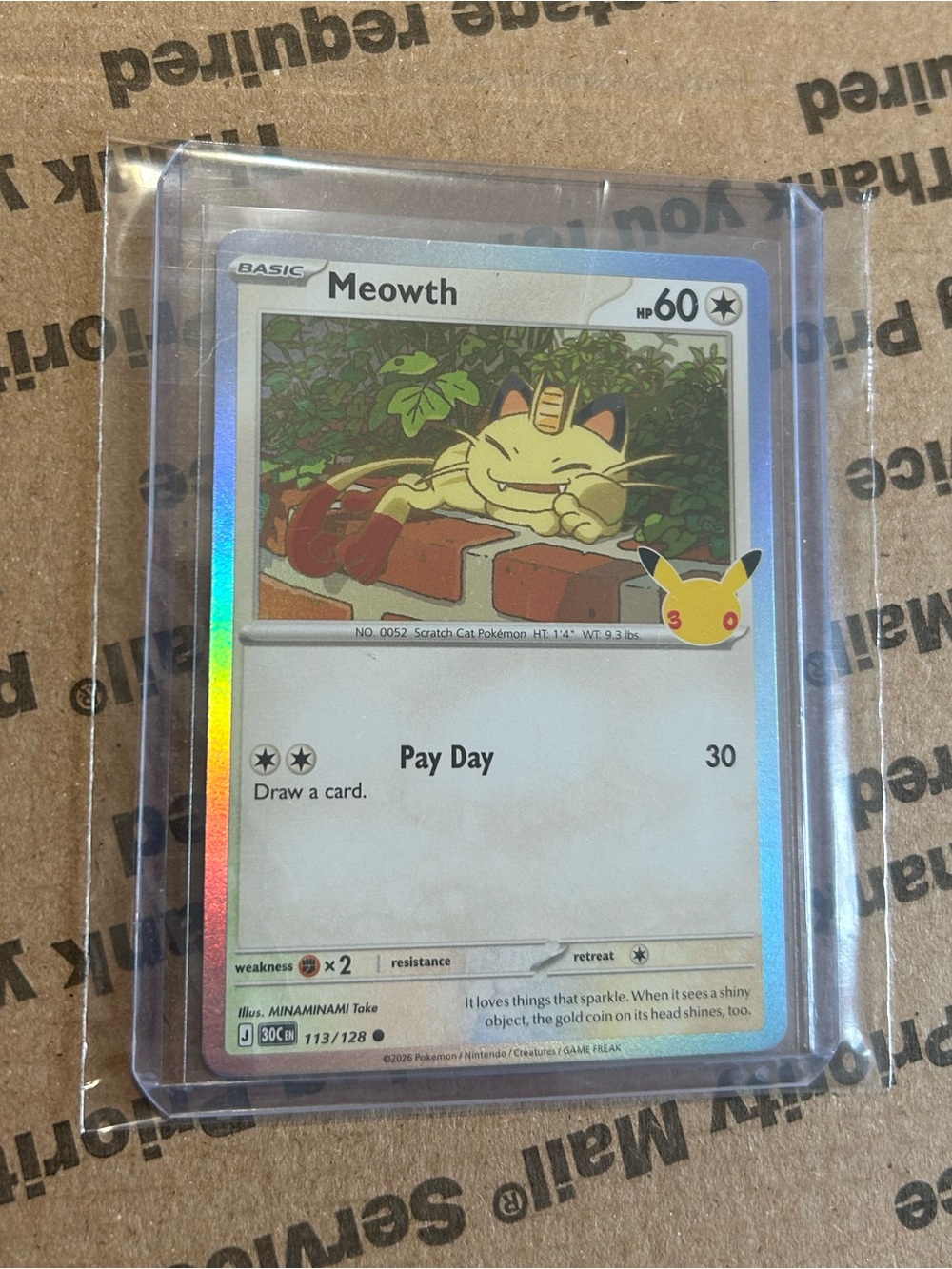 Holo Meowth Card No. 113/128 ⢠30th Celebration Pokemon TCG